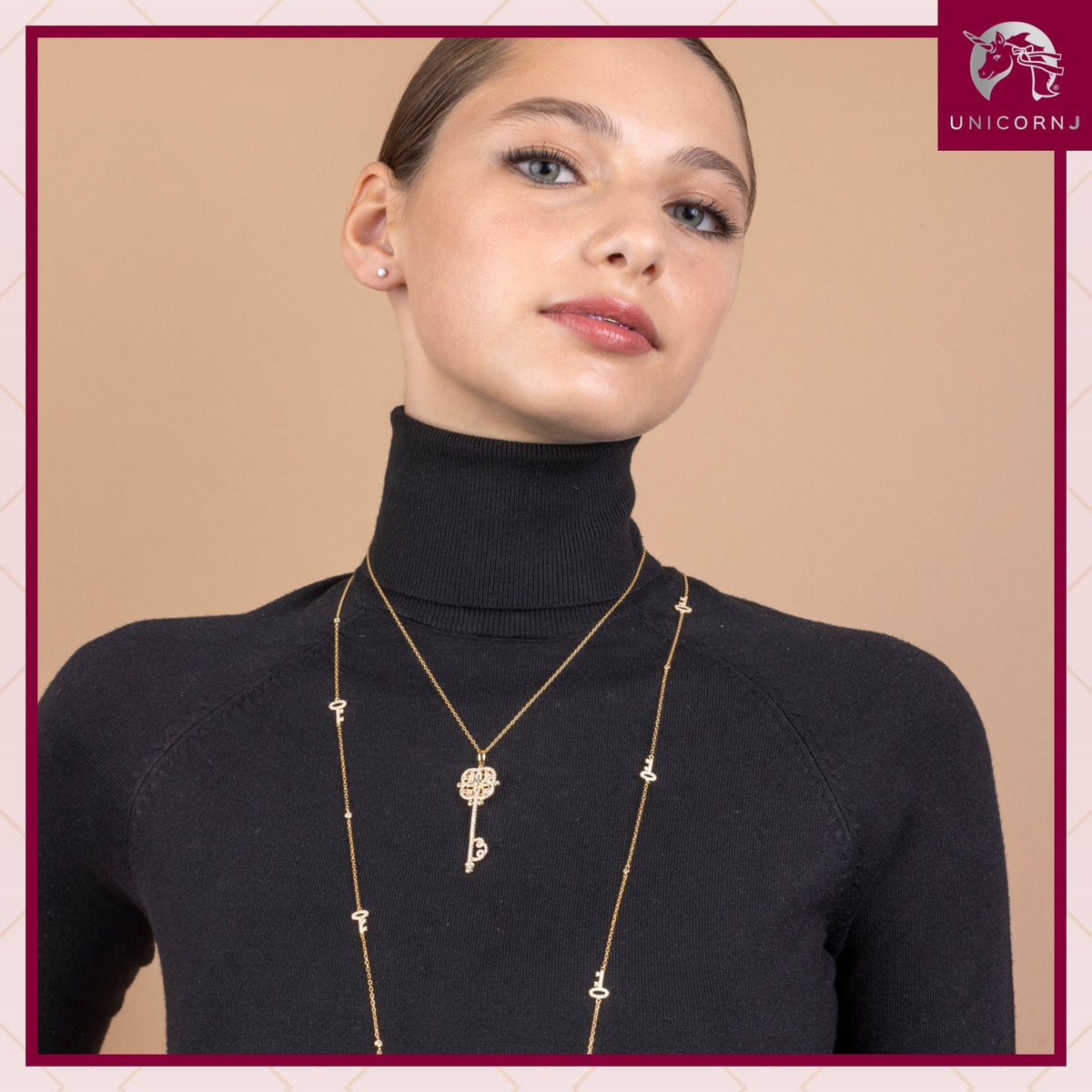 Key Necklace Pendant Sterling Silver 925 Yellow Gold Plated Large with Simulated Diamonds 17"