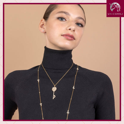 Key Necklace Pendant Sterling Silver 925 Yellow Gold Plated Large with Simulated Diamonds 17"