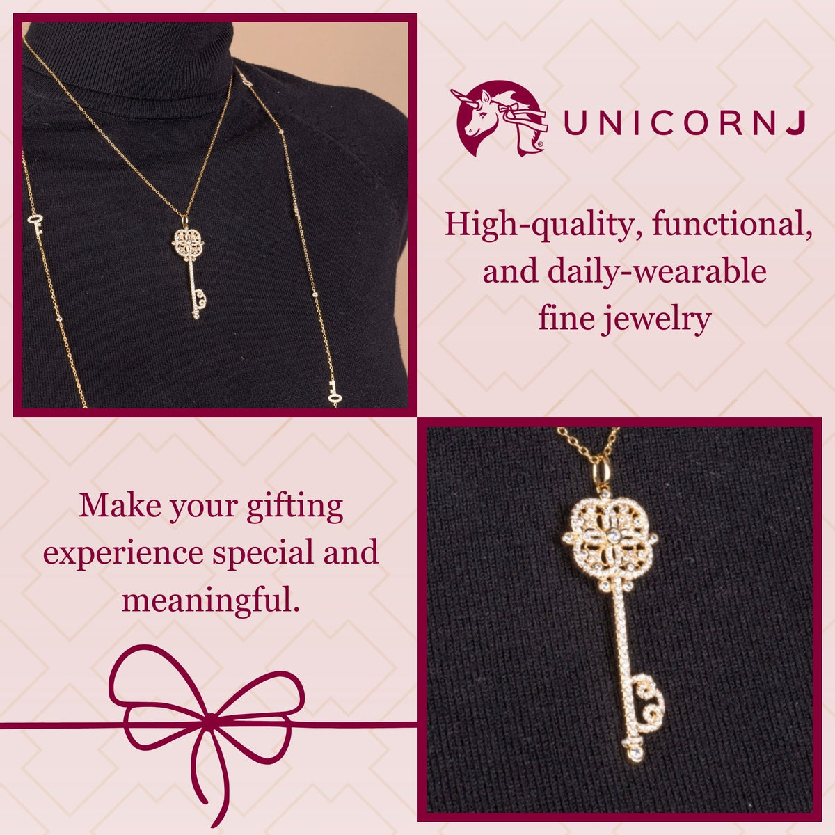 Key Necklace Pendant Sterling Silver 925 Yellow Gold Plated Large with Simulated Diamonds 17"