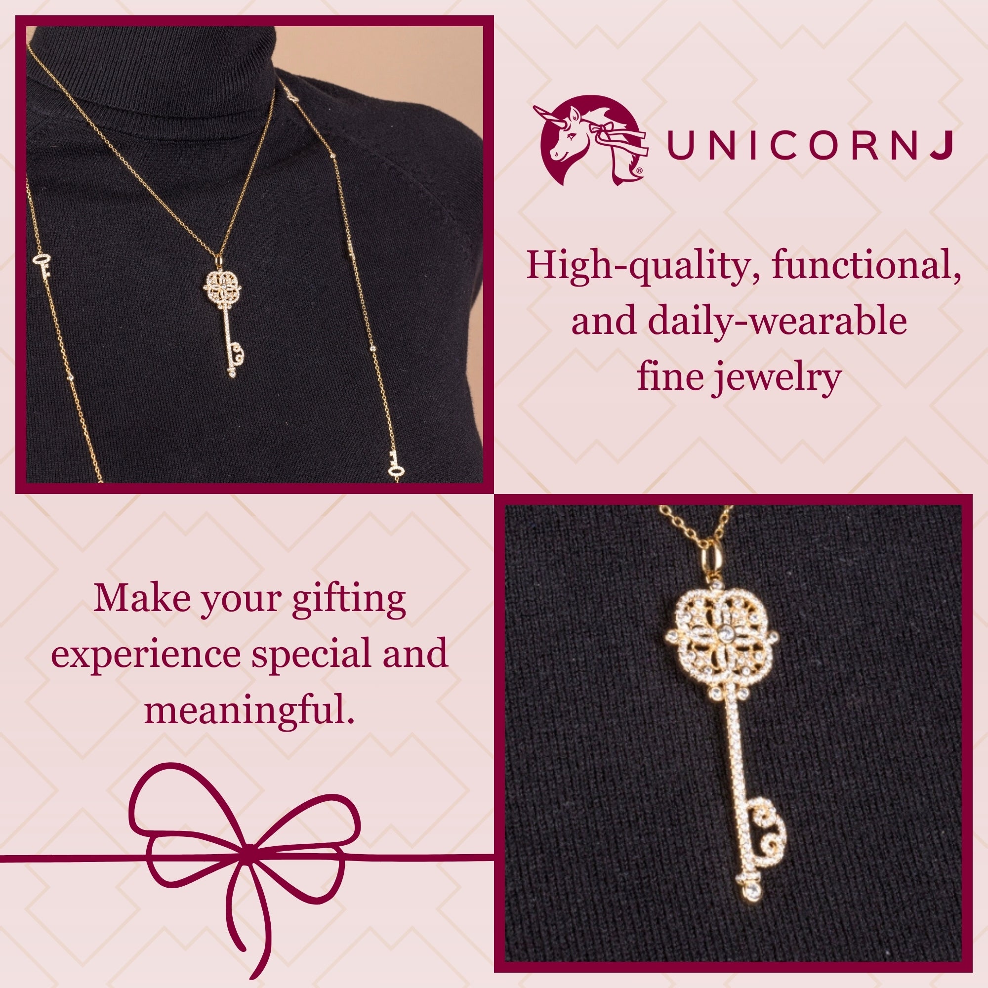 Key Necklace Pendant Sterling Silver 925 Yellow Gold Plated Large with Simulated Diamonds 17"