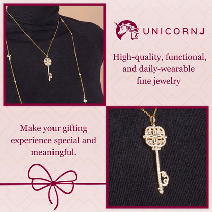 Key Necklace Pendant Sterling Silver 925 Yellow Gold Plated Large with Simulated Diamonds 17"