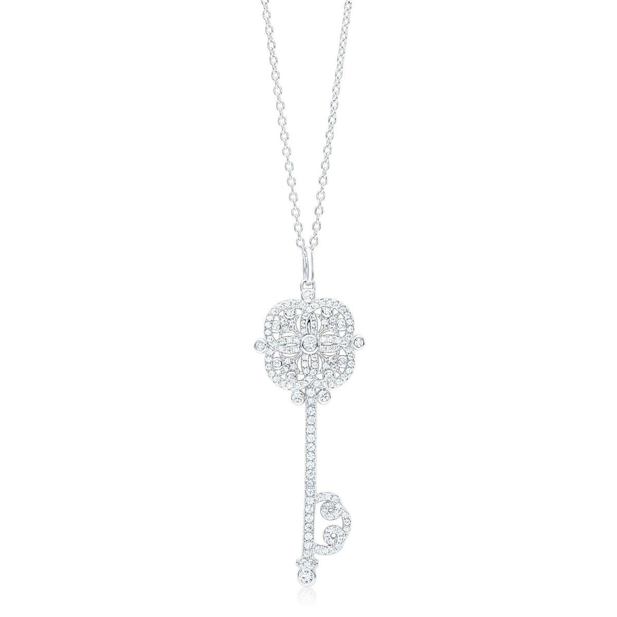 Key Necklace Pendant Sterling Silver 925 Yellow Gold Plated Large with Simulated Diamonds 17"