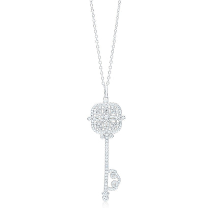 Key Necklace Pendant Sterling Silver 925 Yellow Gold Plated Large with Simulated Diamonds 17"
