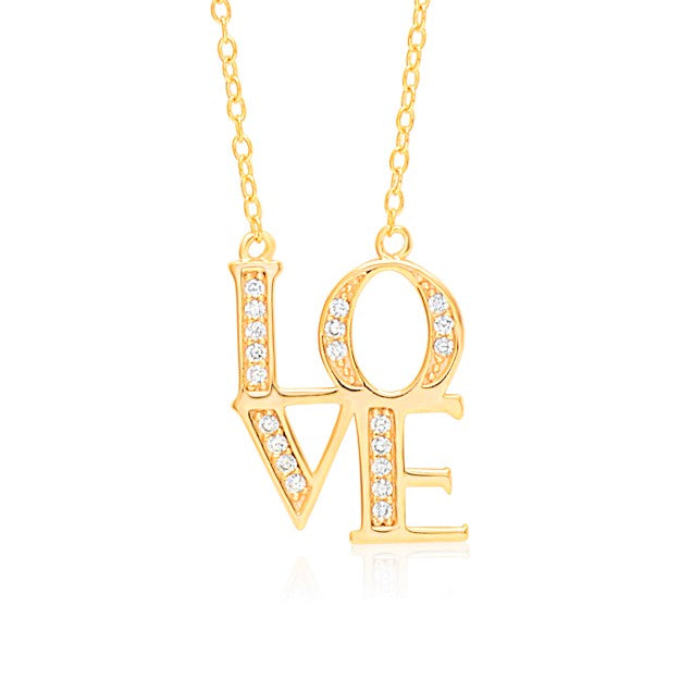 LOVE Necklace Pendant Sterling Silver 925 Yellow Gold Plated with Simulated Diamonds 18 inches