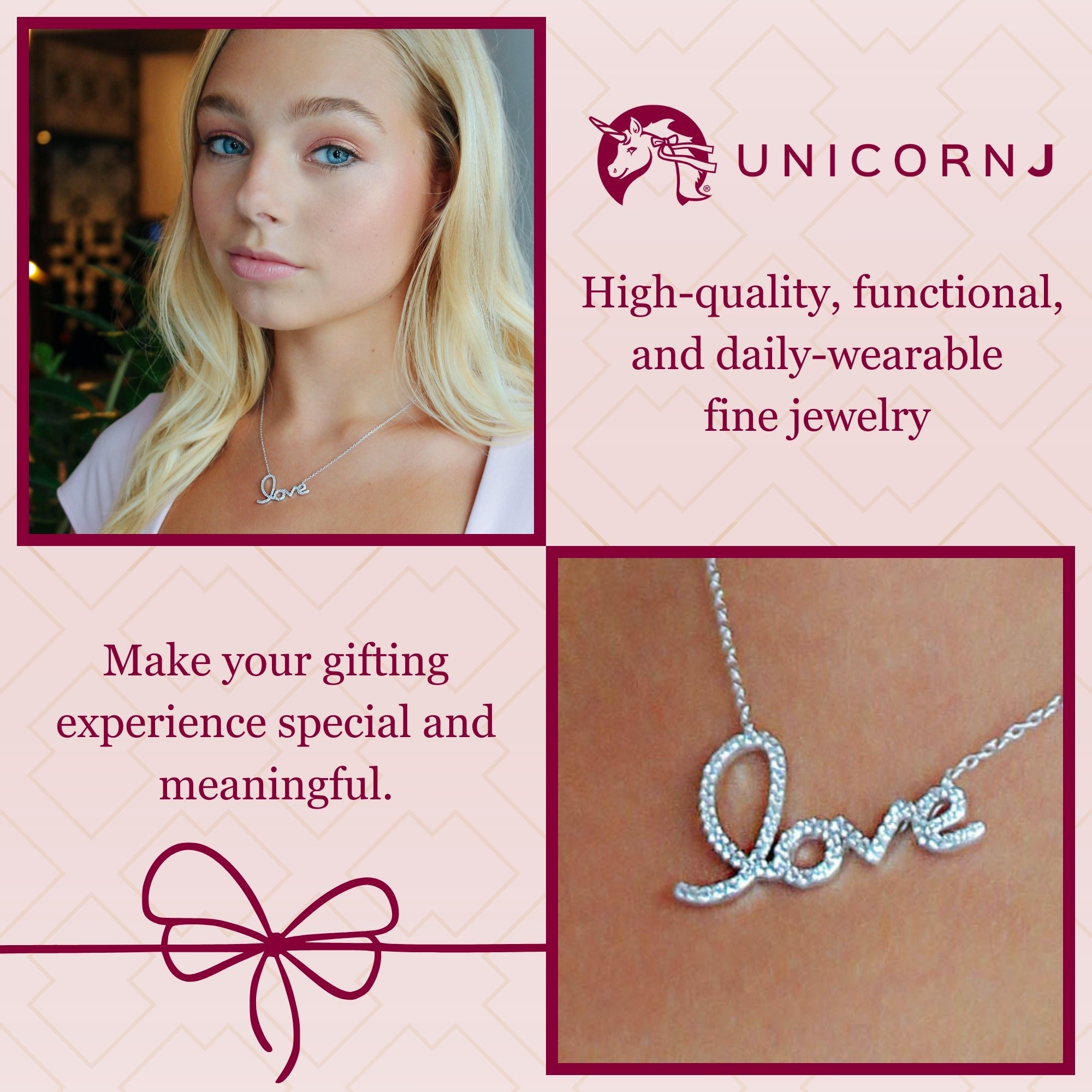 Script Love Necklace Pendant Sterling Silver 925 Yellow Gold Plated with Simulated Diamonds 17 inches