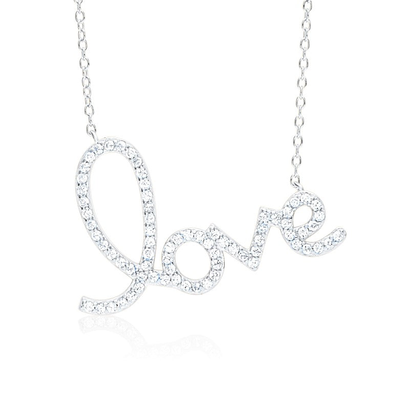 Script Love Necklace Pendant Sterling Silver 925 Yellow Gold Plated with Simulated Diamonds 17 inches