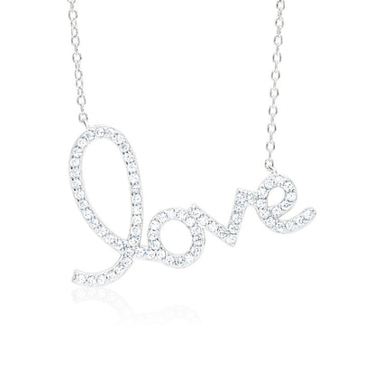 Script Love Necklace Pendant Sterling Silver 925 Yellow Gold Plated with Simulated Diamonds 17 inches