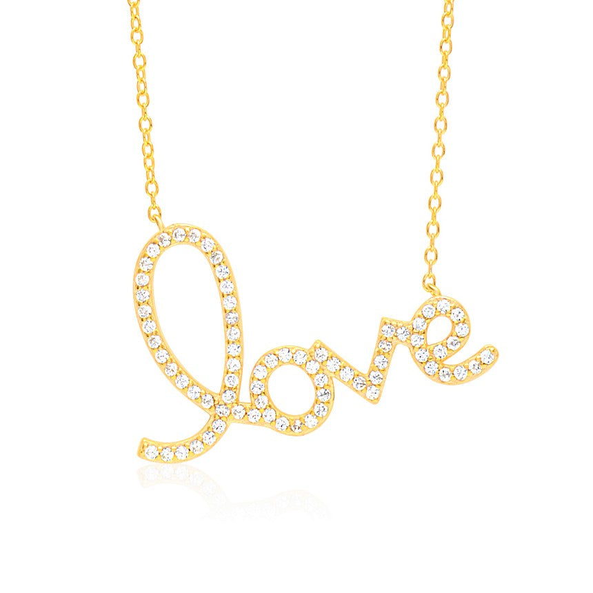 Script Love Necklace Pendant Sterling Silver 925 Yellow Gold Plated with Simulated Diamonds 17 inches