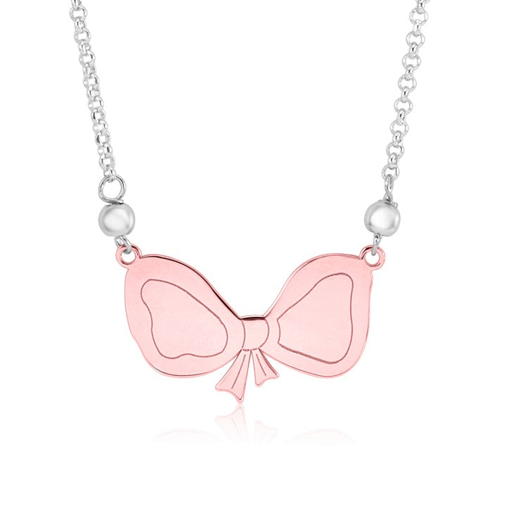 Sterling Silver Rose Gold Plated High Polished Fantasy Bow Pendant Necklace on Rolo Chain 16"