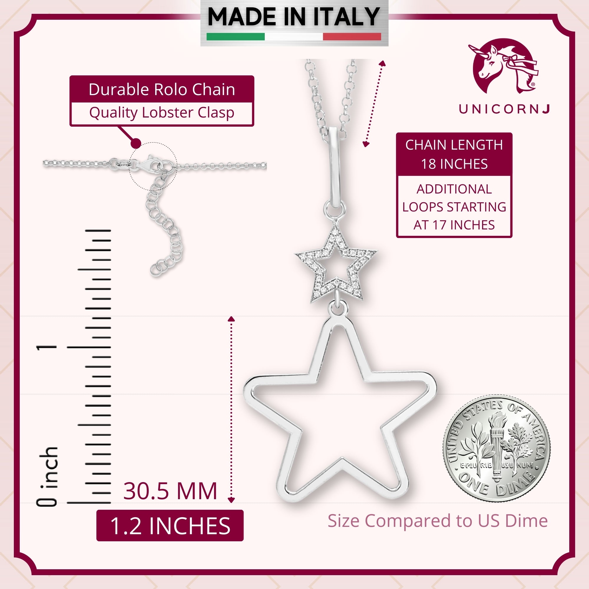 UNICORNJ Sterling Silver Polished Large Double Dangle Necklace Pendant Italy 18"