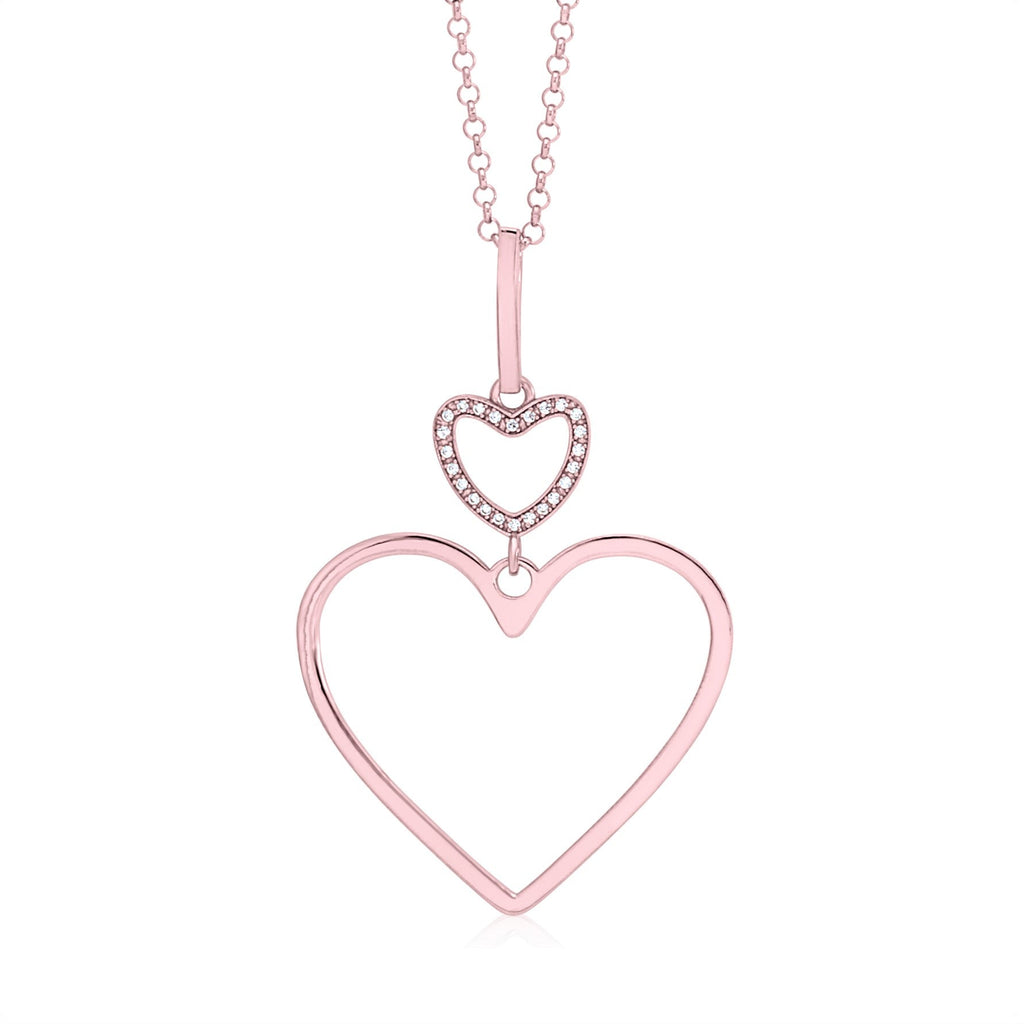 Sterling Silver Rose Gold Plated Polished Large Double Heart Dangle Necklace Pendant 18" Italy