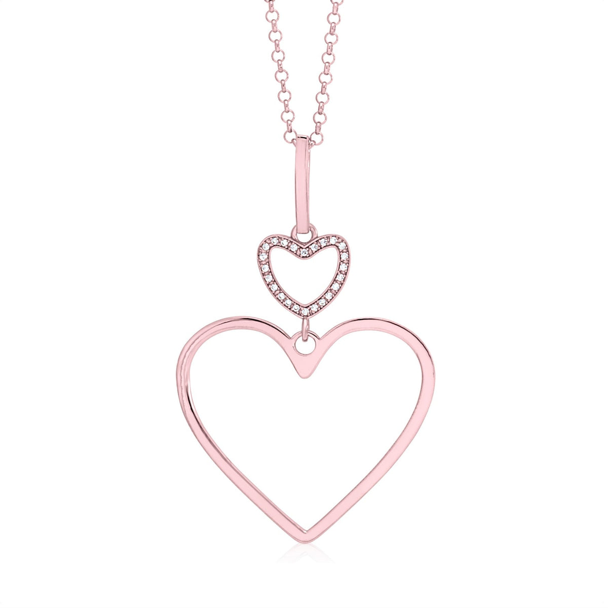 Sterling Silver Rose Gold Plated Polished Large Double Heart Dangle Necklace Pendant 18" Italy