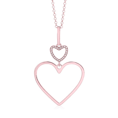Sterling Silver Rose Gold Plated Polished Large Double Heart Dangle Necklace Pendant 18" Italy