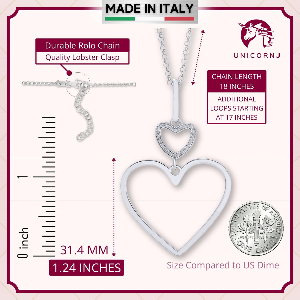 Sterling Silver Rose Gold Plated Polished Large Double Heart Dangle Necklace Pendant 18" Italy