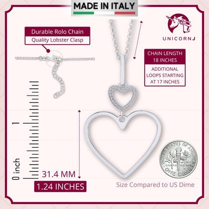 Sterling Silver Rose Gold Plated Polished Large Double Heart Dangle Necklace Pendant 18" Italy