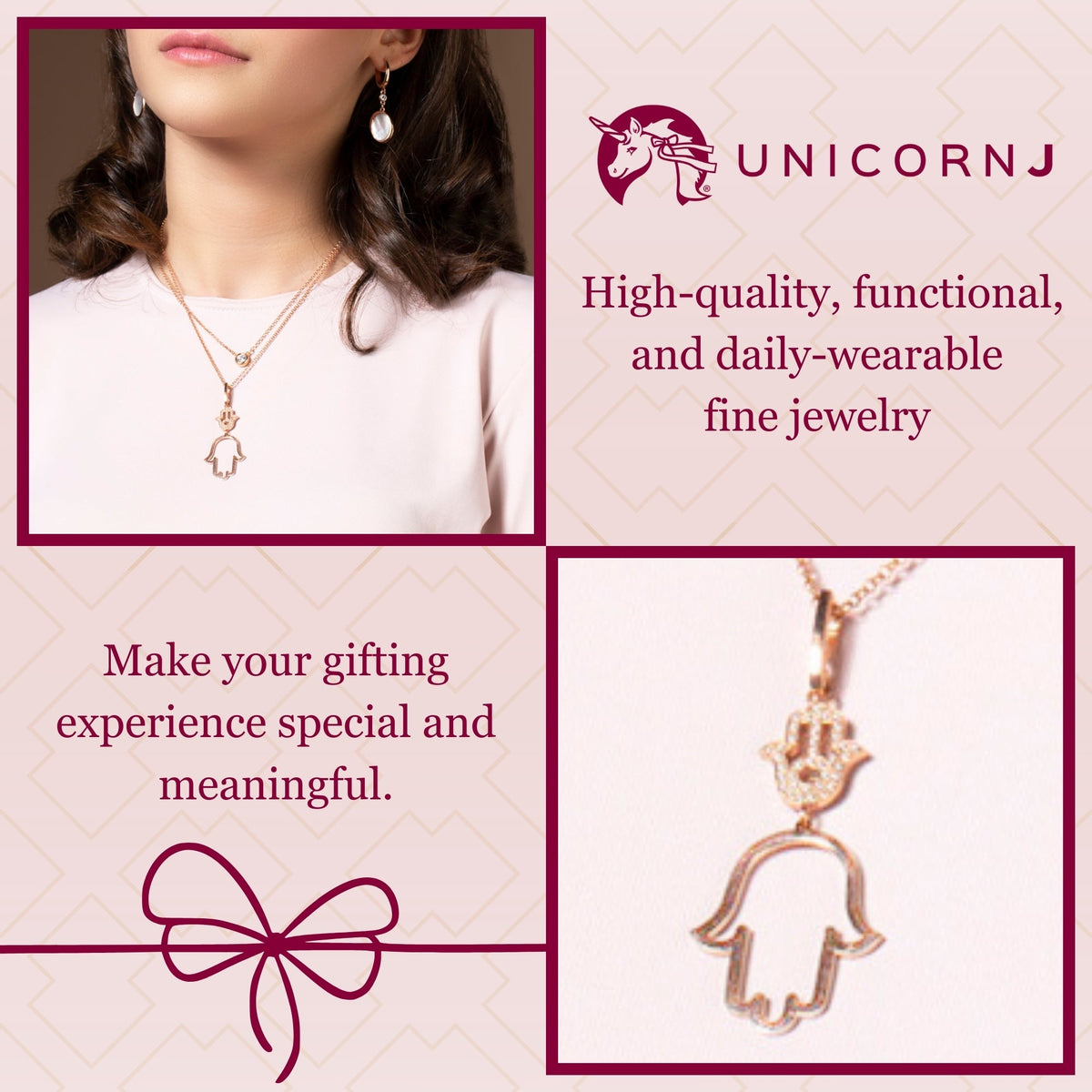Sterling Silver Rose Gold Plated Polished Large Double Hamsa Dangle Necklace Pendant 18"