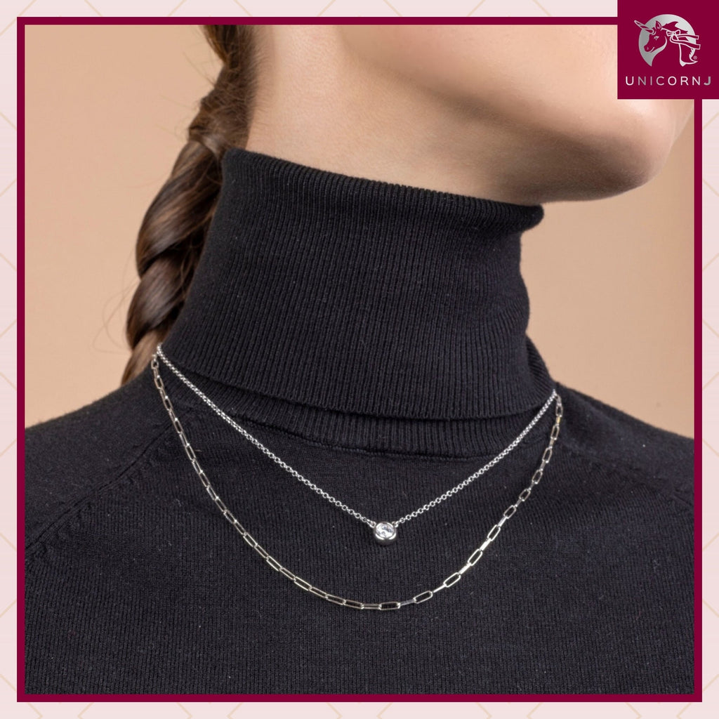 UNICORNJ Sterling Silver Rose and Yellow Gold Plated Polished Bezel Set Round Simulated Diamond Solitaire 6mm Necklace