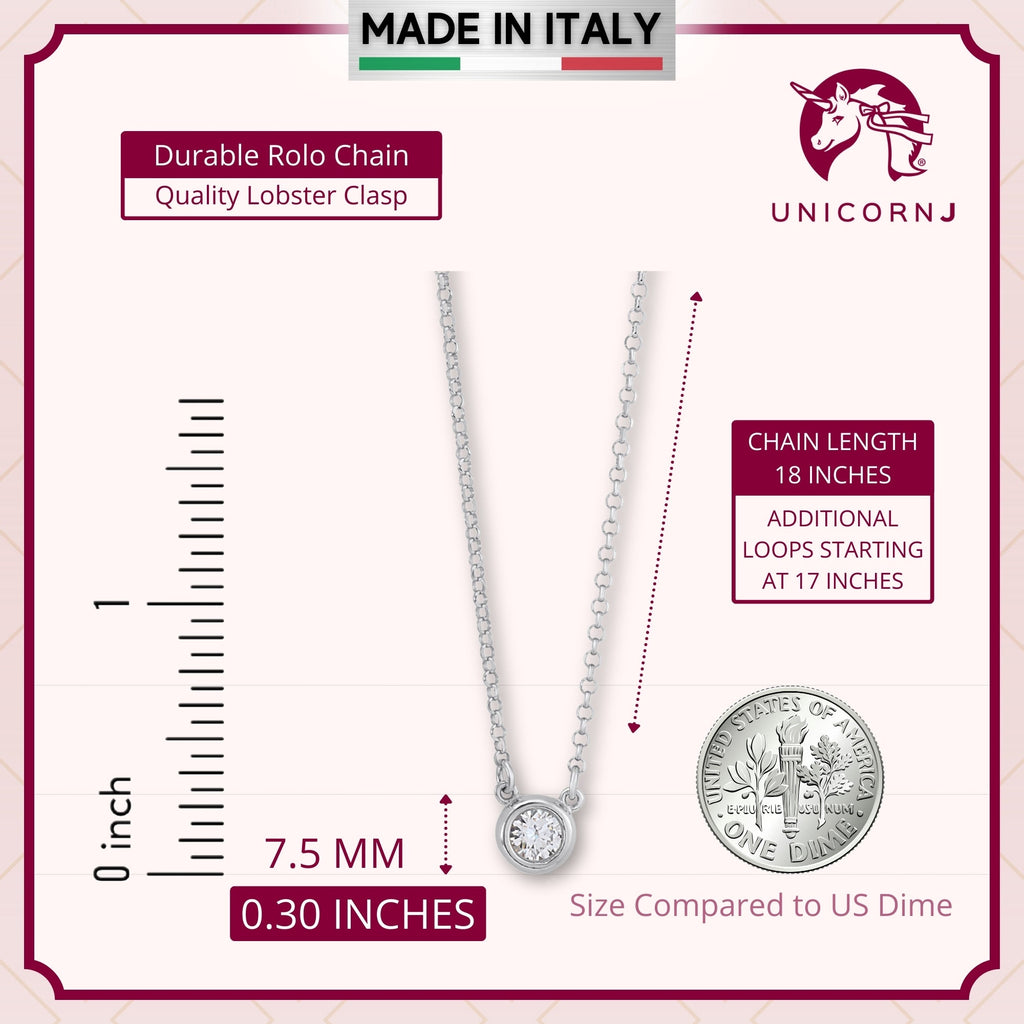 UNICORNJ Sterling Silver Rose and Yellow Gold Plated Polished Bezel Set Round Simulated Diamond Solitaire 6mm Necklace