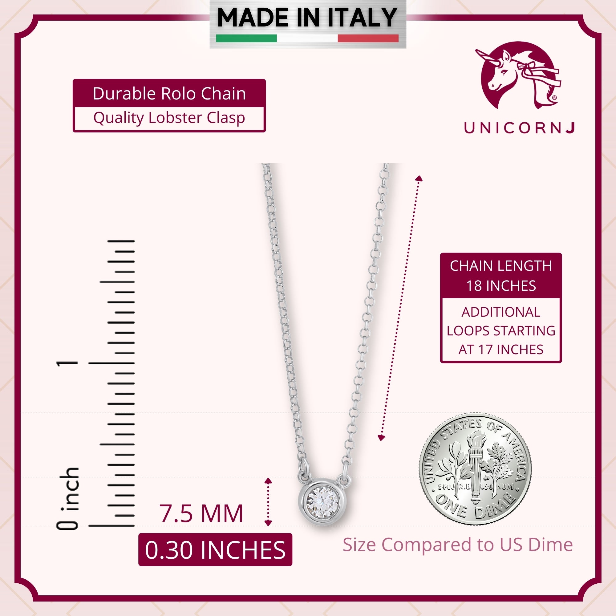UNICORNJ Sterling Silver Rose and Yellow Gold Plated Polished Bezel Set Round Simulated Diamond Solitaire 6mm Necklace
