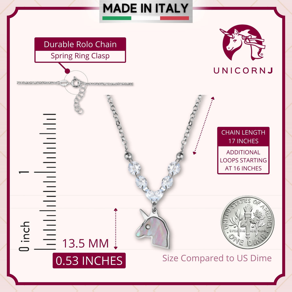 Sterling Silver Unicorn Necklace Pendant with Mother of Pearl Inlay and Diamond Crystals 17"