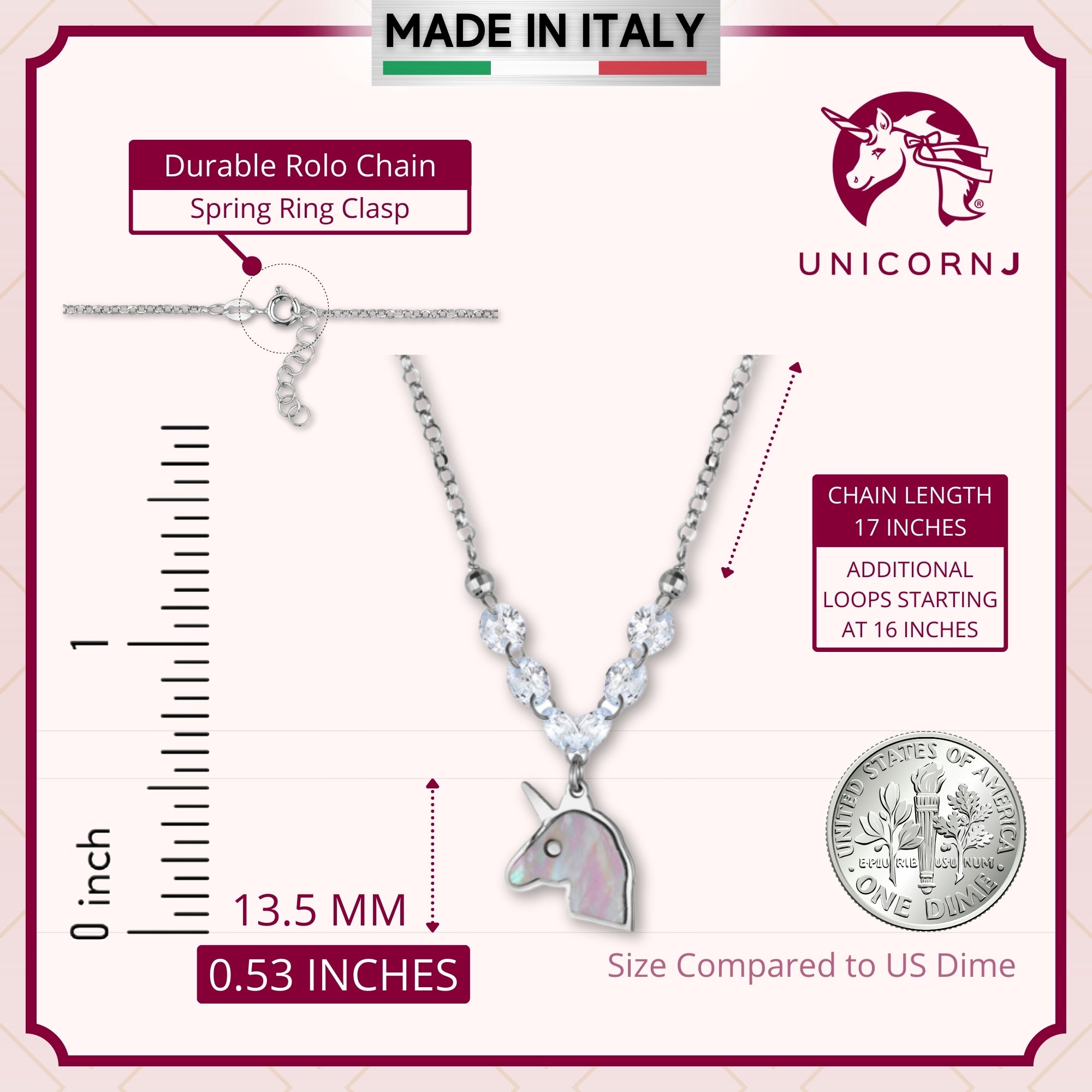 Sterling Silver Unicorn Necklace Pendant with Mother of Pearl Inlay and Diamond Crystals 17"