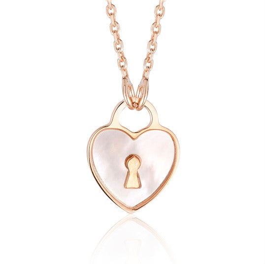 Sterling Silver Heart Lock Keyhole Pendant Necklace with Mother of Pearl Inlay 17"