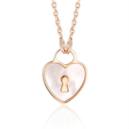 Sterling Silver Heart Lock Keyhole Pendant Necklace with Mother of Pearl Inlay 17"