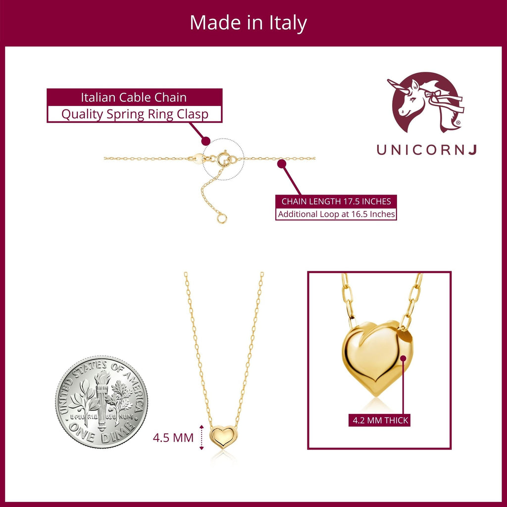 14K Yellow Gold Floating Puff Heart Pendant Necklace Polished Shiny on Cable Chain Italy 17.5"