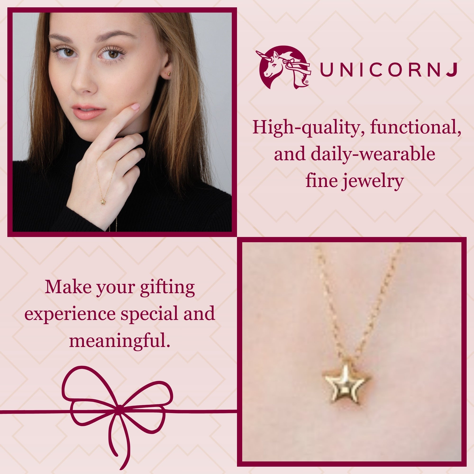 14K Yellow Gold Floating Puff Star Pendant Necklace Polished Shiny on Cable Chain Italy 17.5"