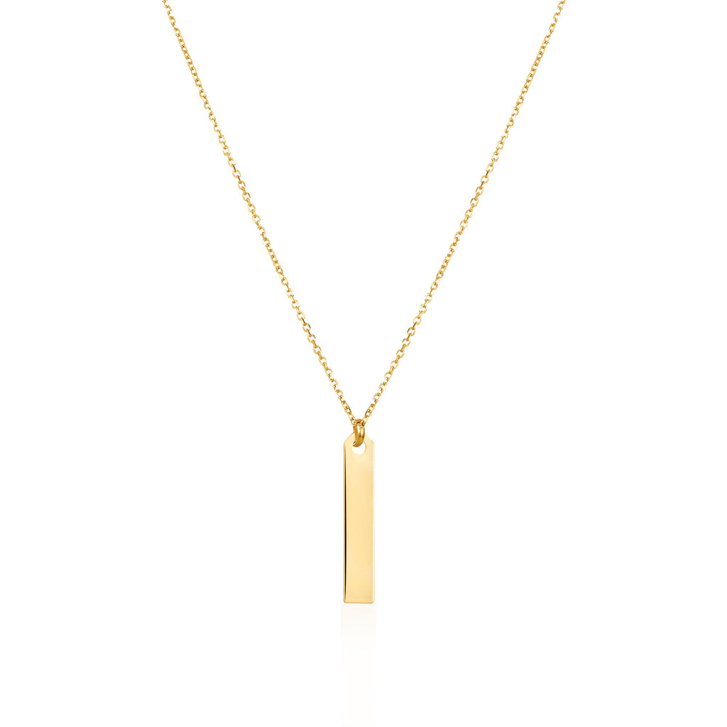 14K Yellow Gold Engravable Personalized Vertical Bar Pendant Necklace Polished Shiny on Cable Chain Italy