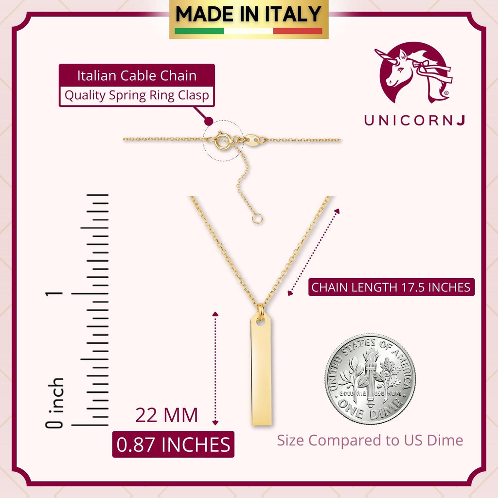 14K Yellow Gold Engravable Personalized Vertical Bar Pendant Necklace Polished Shiny on Cable Chain Italy