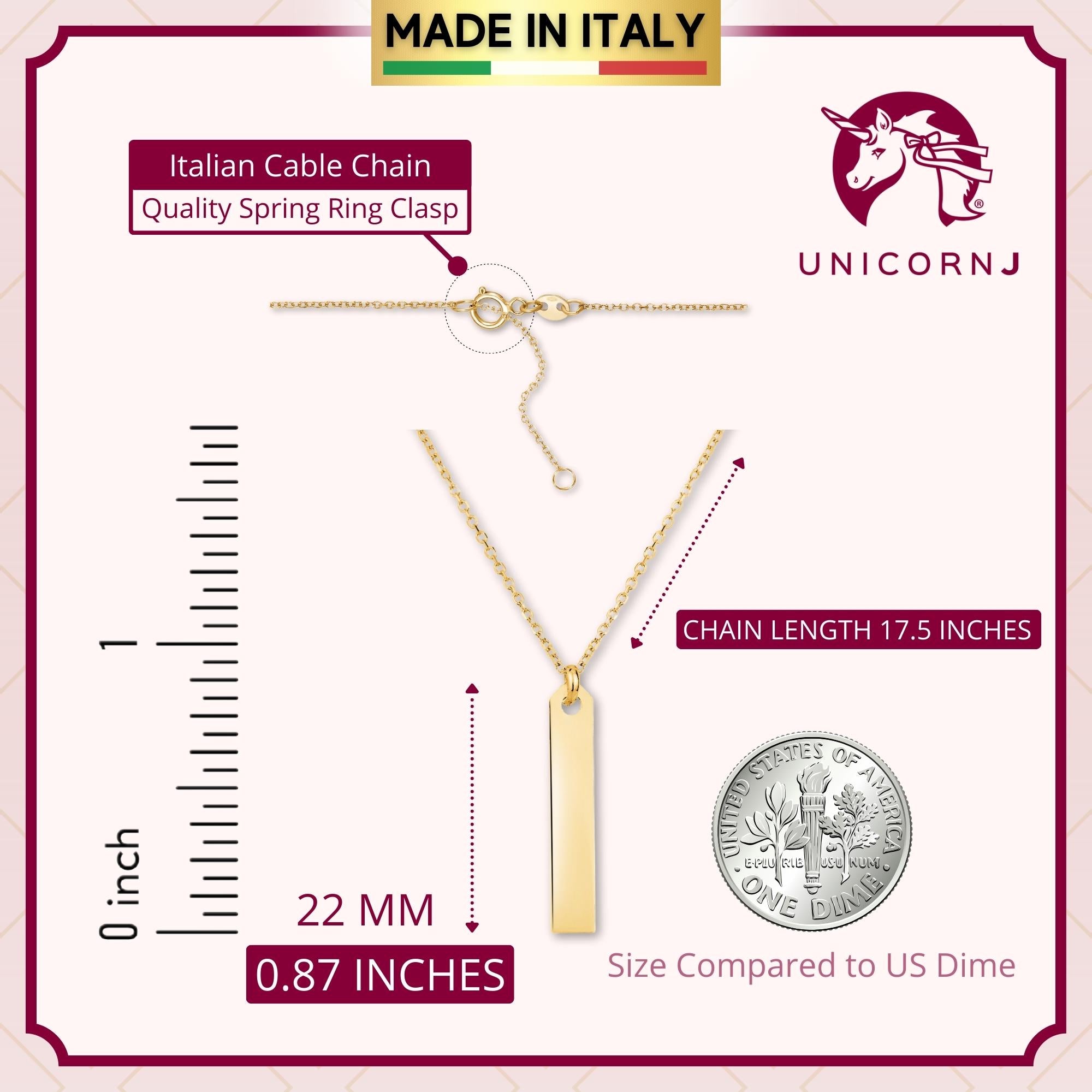 14K Yellow Gold Engravable Personalized Vertical Bar Pendant Necklace Polished Shiny on Cable Chain Italy