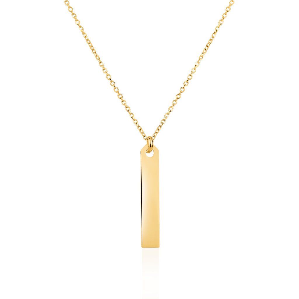 14K Yellow Gold Engravable Personalized Vertical Bar Pendant Necklace Polished Shiny on Cable Chain Italy