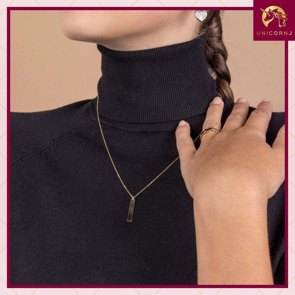 14K Yellow Gold Engravable Personalized Vertical Bar Pendant Necklace Polished Shiny on Cable Chain Italy