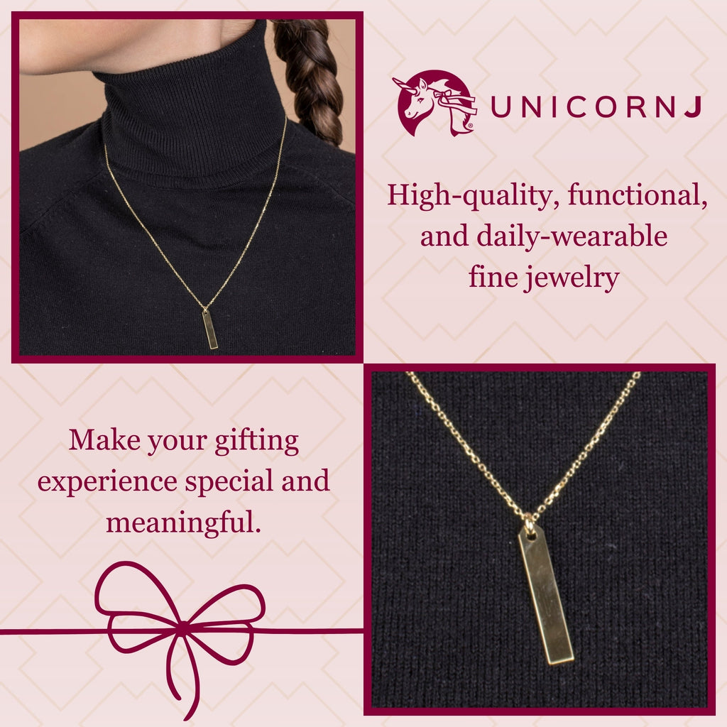 14K Yellow Gold Engravable Personalized Vertical Bar Pendant Necklace Polished Shiny on Cable Chain Italy