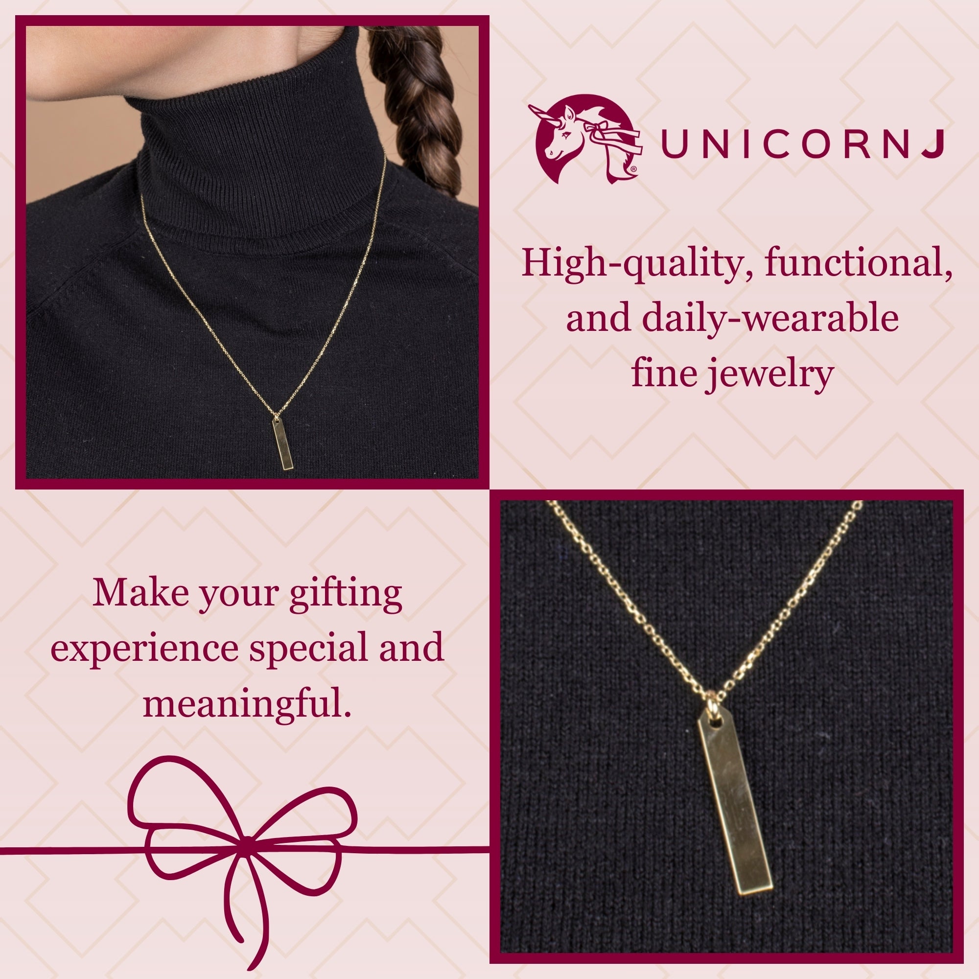 14K Yellow Gold Engravable Personalized Vertical Bar Pendant Necklace Polished Shiny on Cable Chain Italy