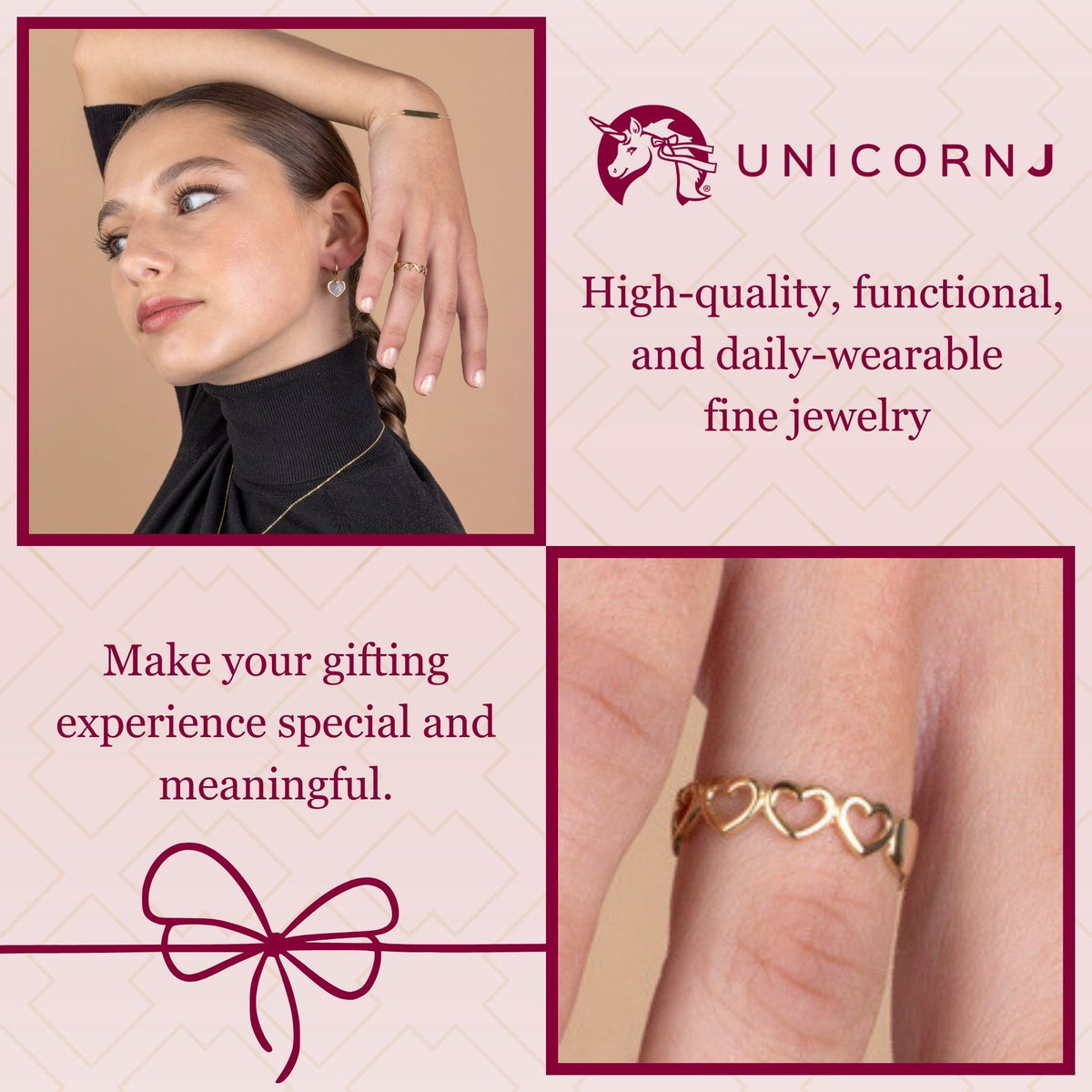 UNICORNJ 14K Yellow Gold Eternity Open Hearts in a Row Ring Italy