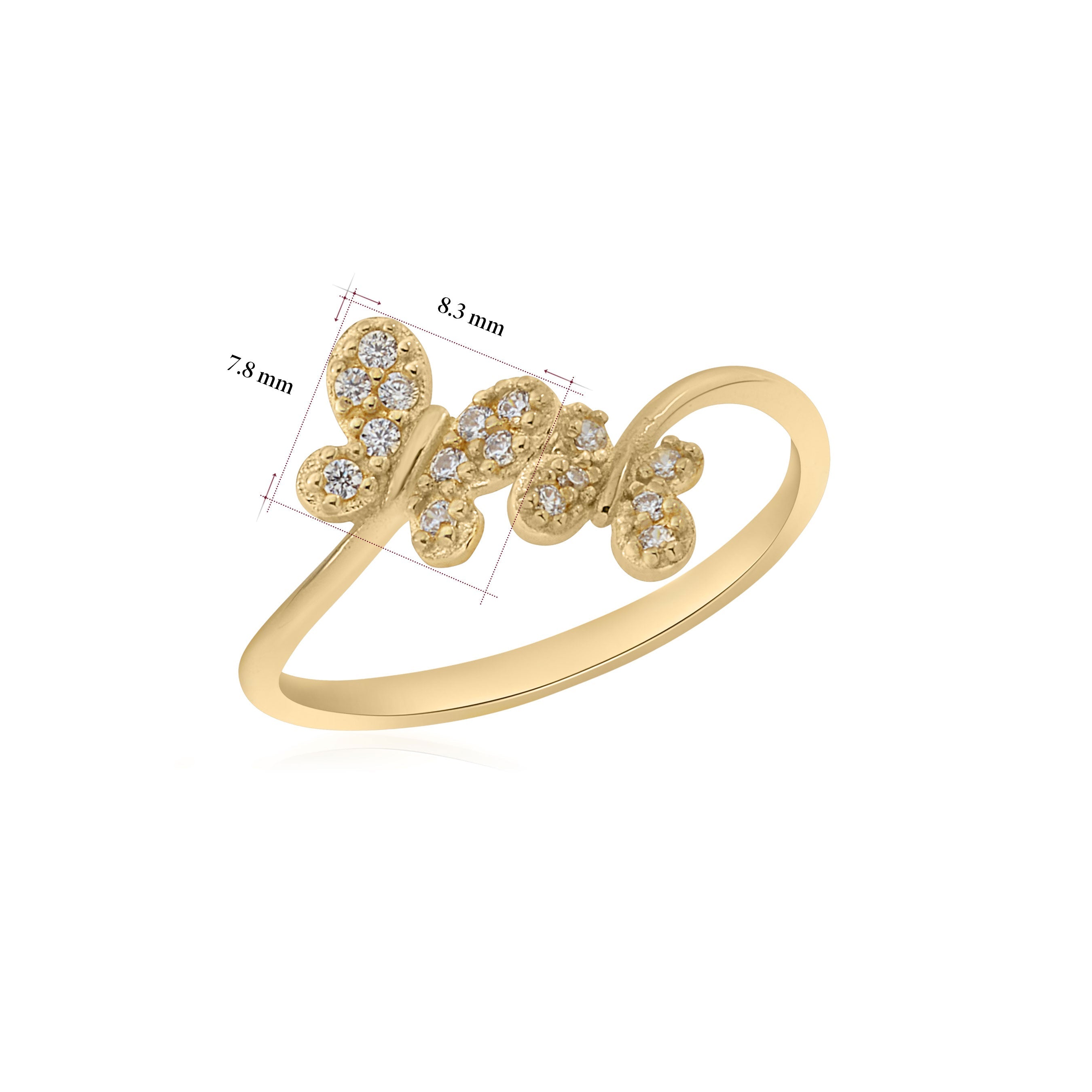 UNICORNJ 14K Yellow Gold Double Butterfly Pave CZ Bypass Ring Italy
