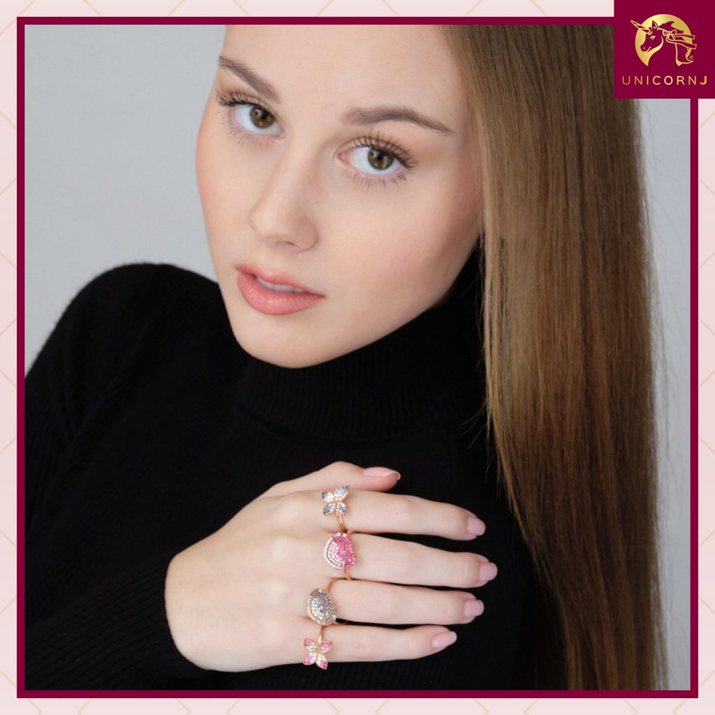 UNICORNJ 14K Rose Gold Four Petal Flower Ring Red or BluePave CZ Italy