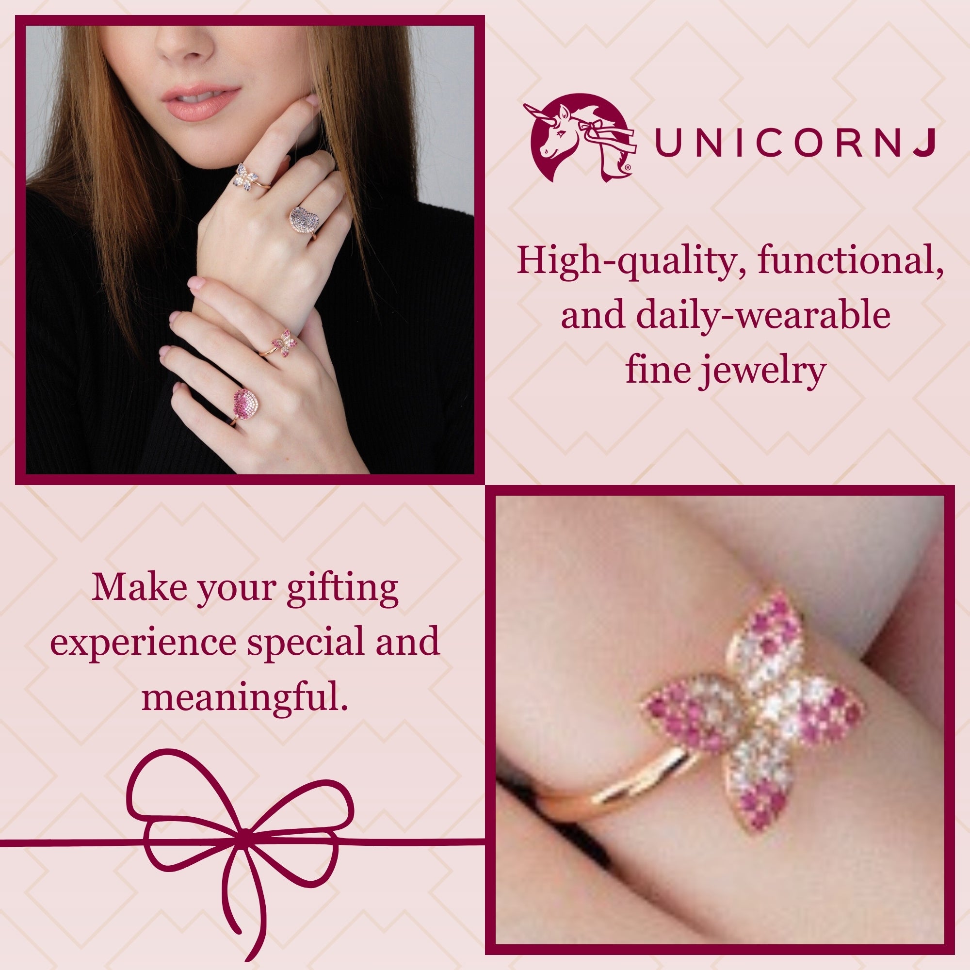 UNICORNJ 14K Rose Gold Four Petal Flower Ring Red or BluePave CZ Italy