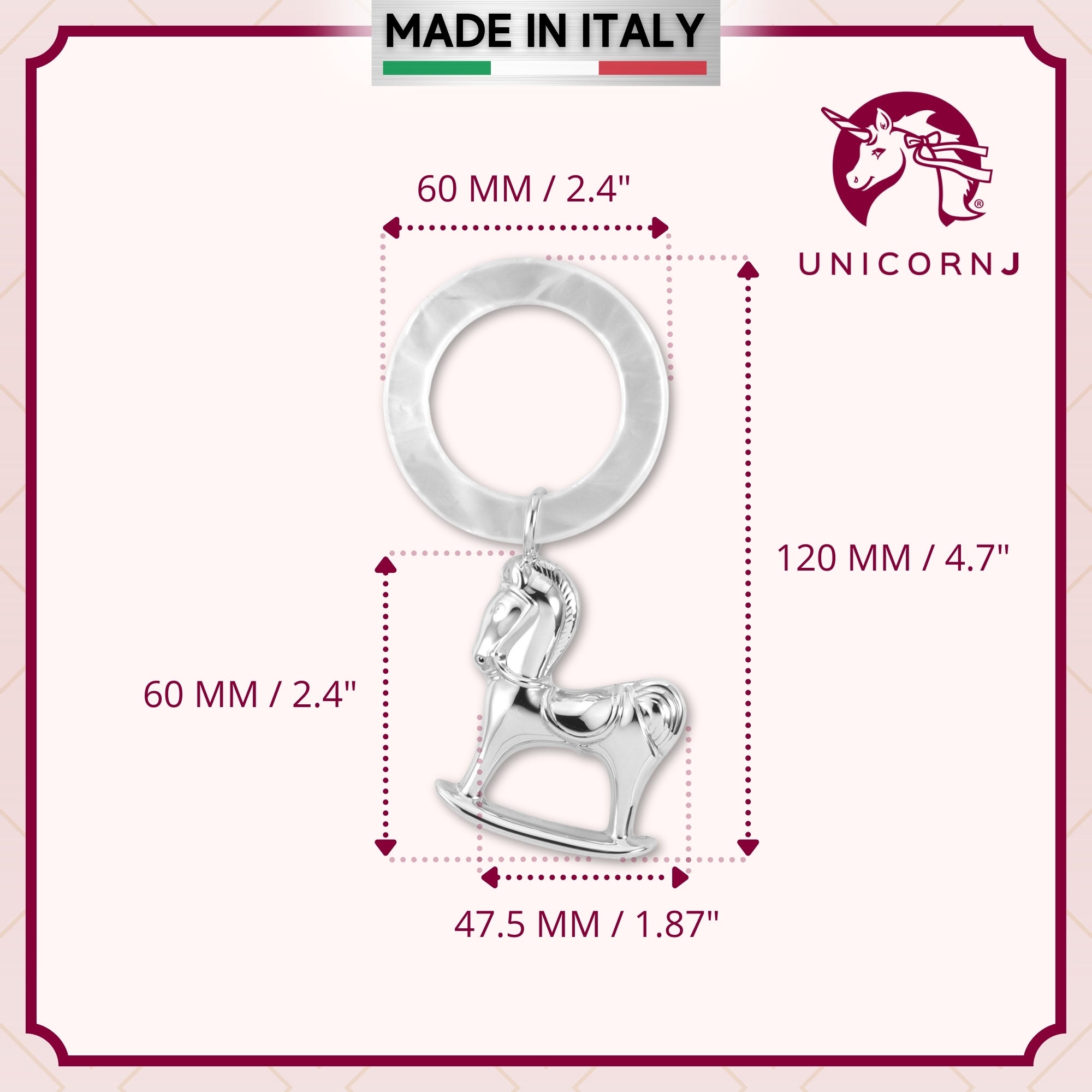 UNICORNJ Sterling Silver Keepsake Baby Rattle Rocking Horse | Complete with Gift Box | Gift for Baby | Made in Italy