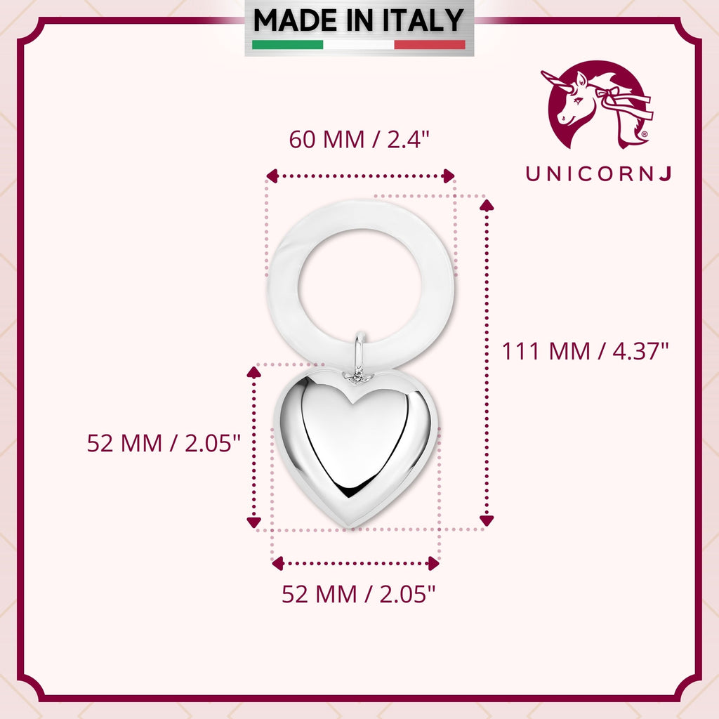UNICORNJ Sterling Silver Keepsake Baby Rattle Teether Heart Personalized with Engraved Initials or Name | Complete with Gift Box | Gift for Baby | Made in Italy