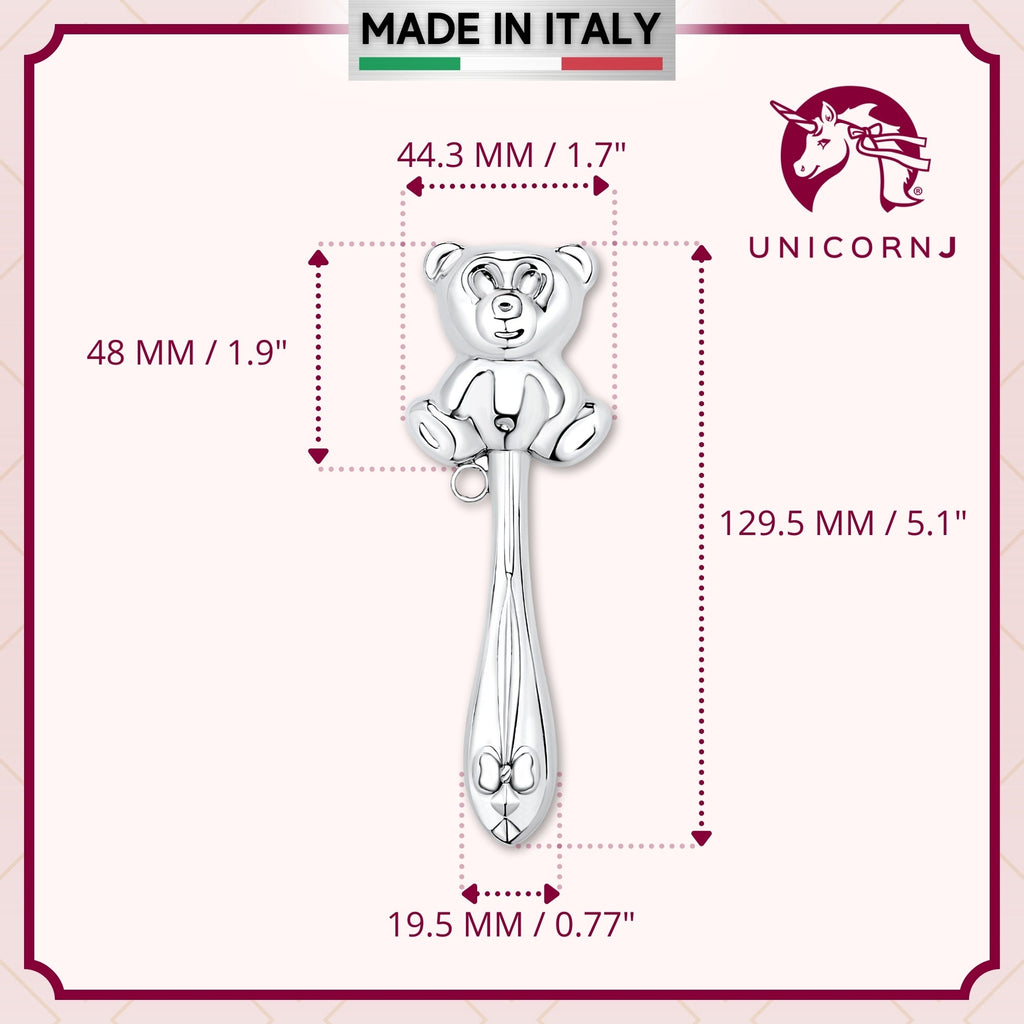 UNICORNJ Sterling Silver Keepsake Baby Rattle Teddy Bear Victorian Style | Complete with Gift Box | Gift for Baby | Made in Italy