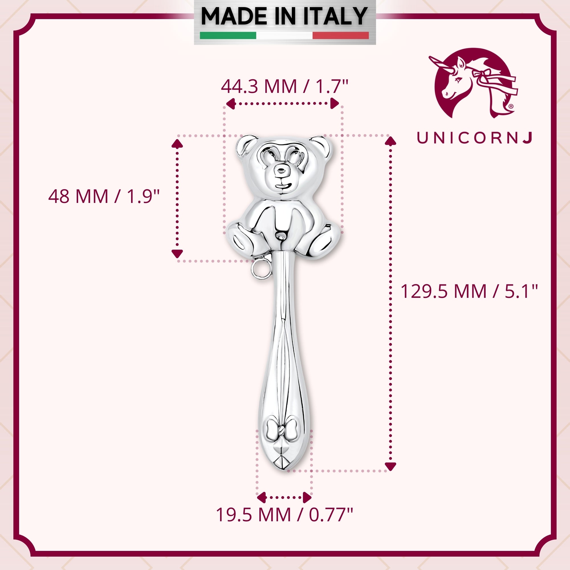 UNICORNJ Sterling Silver Keepsake Baby Rattle Teddy Bear Victorian Style | Complete with Gift Box | Gift for Baby | Made in Italy