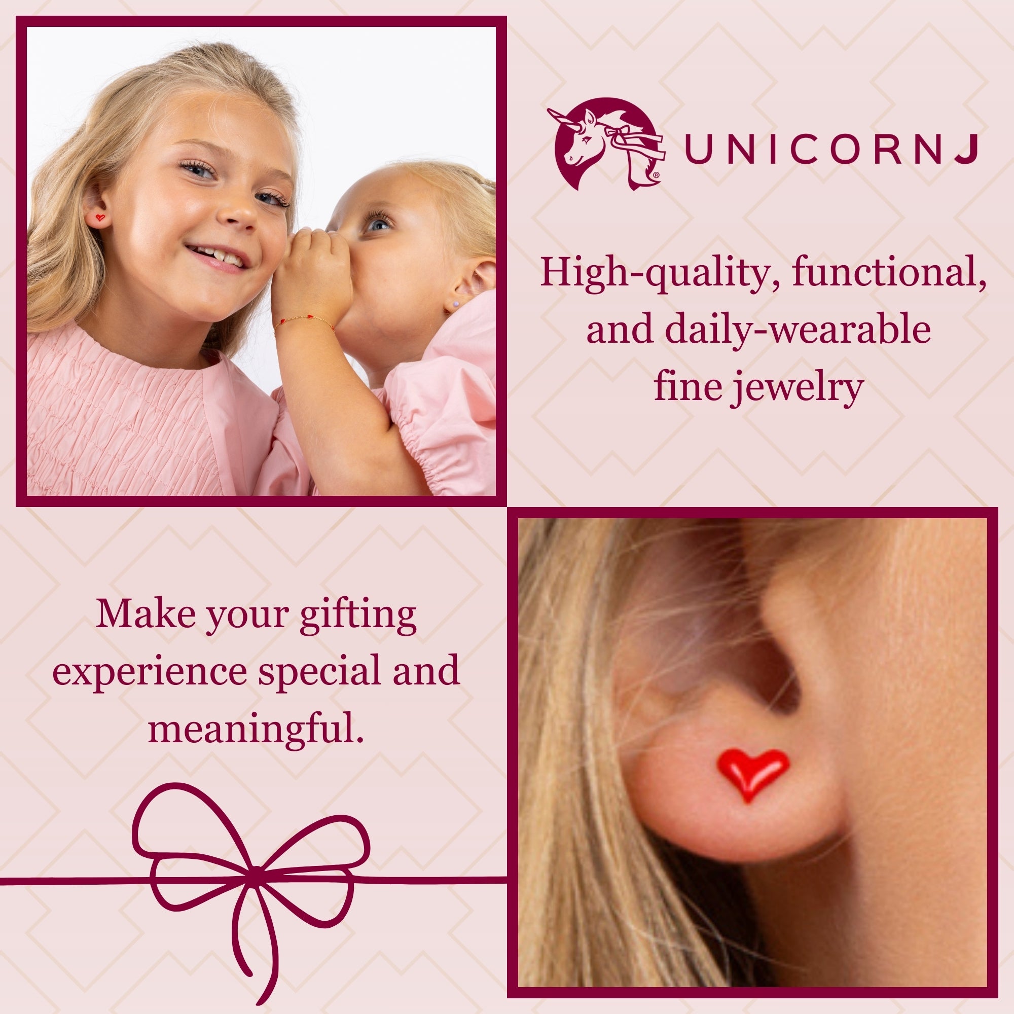 UNICORNJ 14k Yellow Gold Stud Earrings Small Heart with Color Enamel for Girls or Women Screwback
