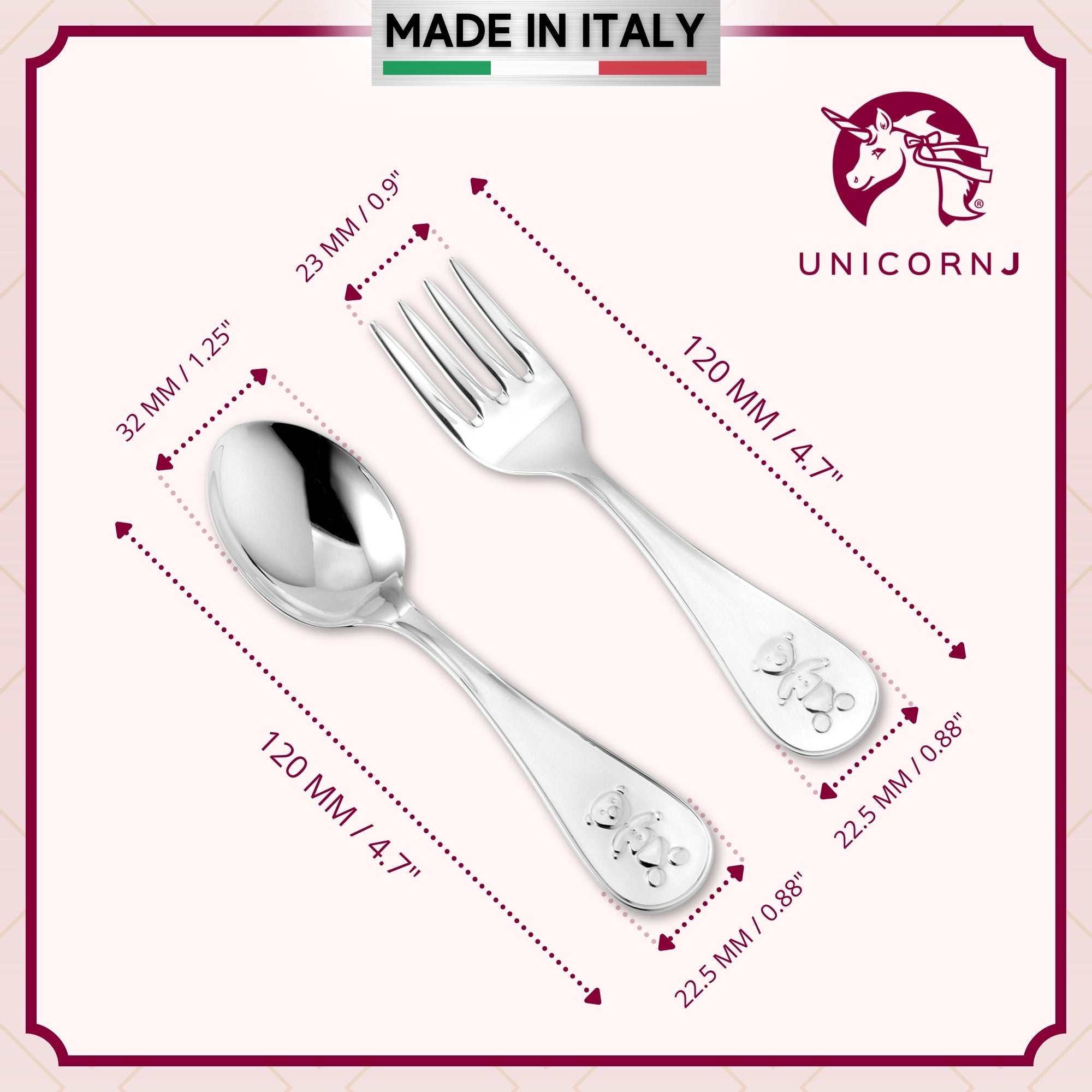 Sterling Silver Baby Spoon and Fork Set Personalized Engravable Keepsake | Teddy Bear Design
