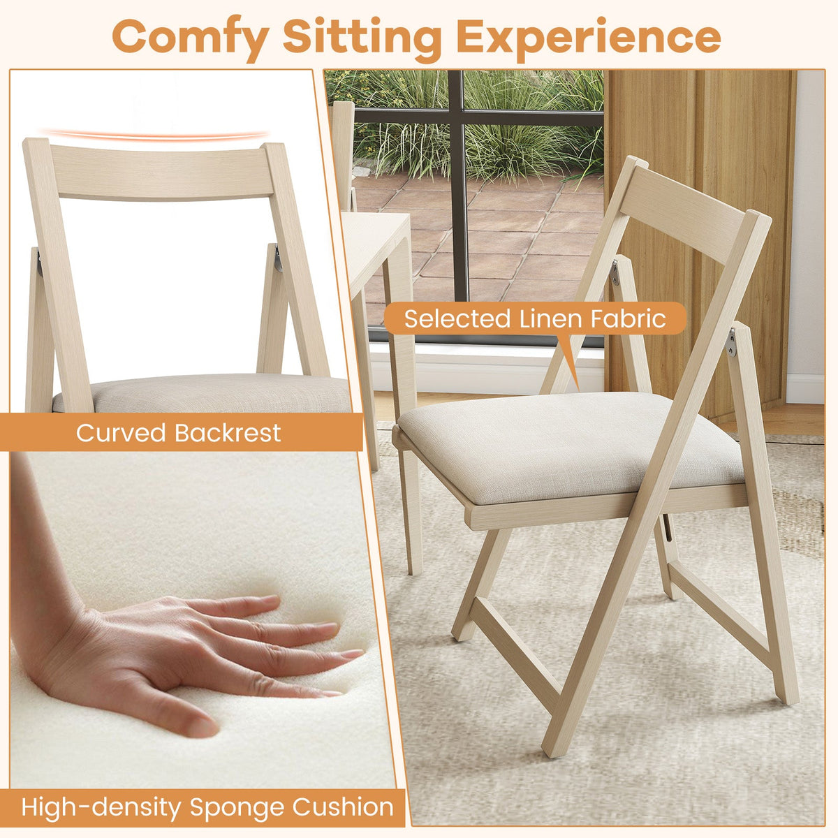 Folding Upholstered Dining Chair Set of 4 with Curved Backrest