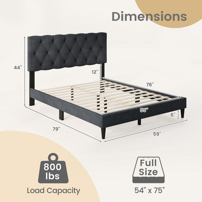 Upholstered Platform Bed with Tufted Headboard and Wooden Slats Gray