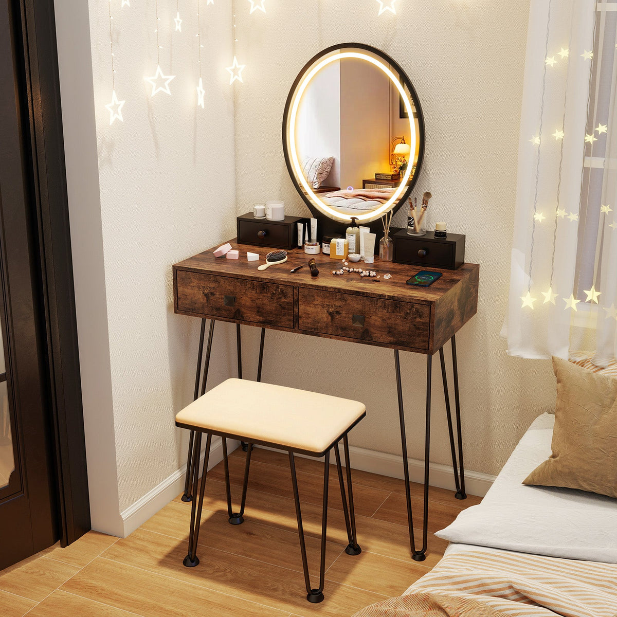 Vanity Table Set with 3-Color Lighted Dimmable Mirror