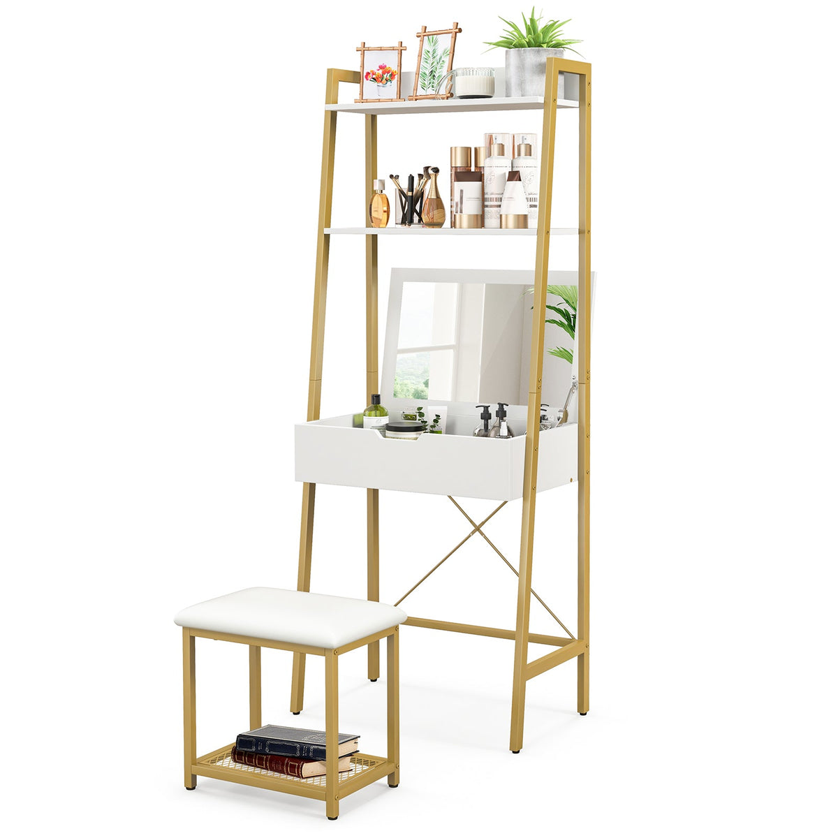 Ladder Vanity Desk Set with Flip Top Mirror and Cushioned Stool